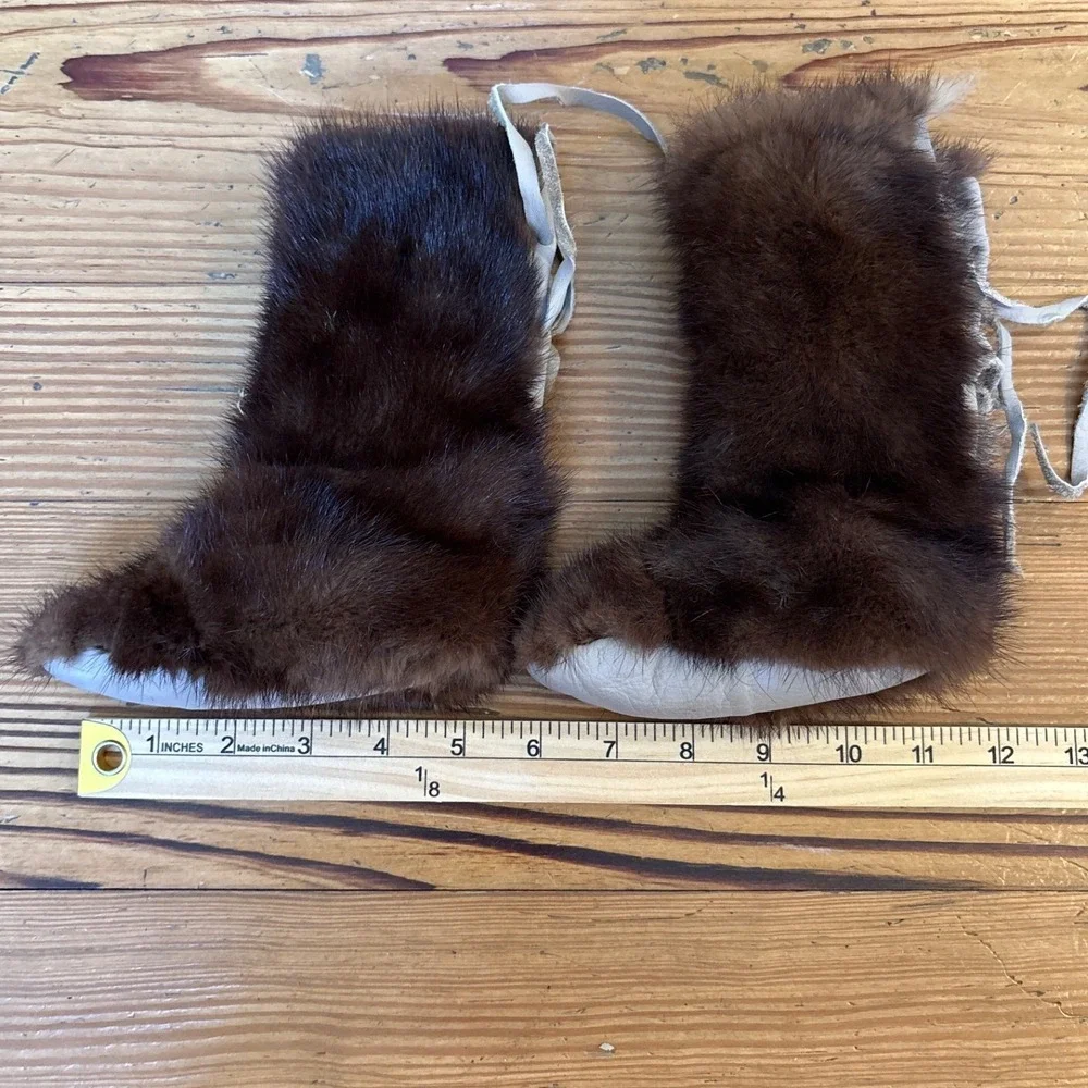 Rabbit Fur Moccasins Kids Brown Vintage Winter Boots SIZE 0-12m